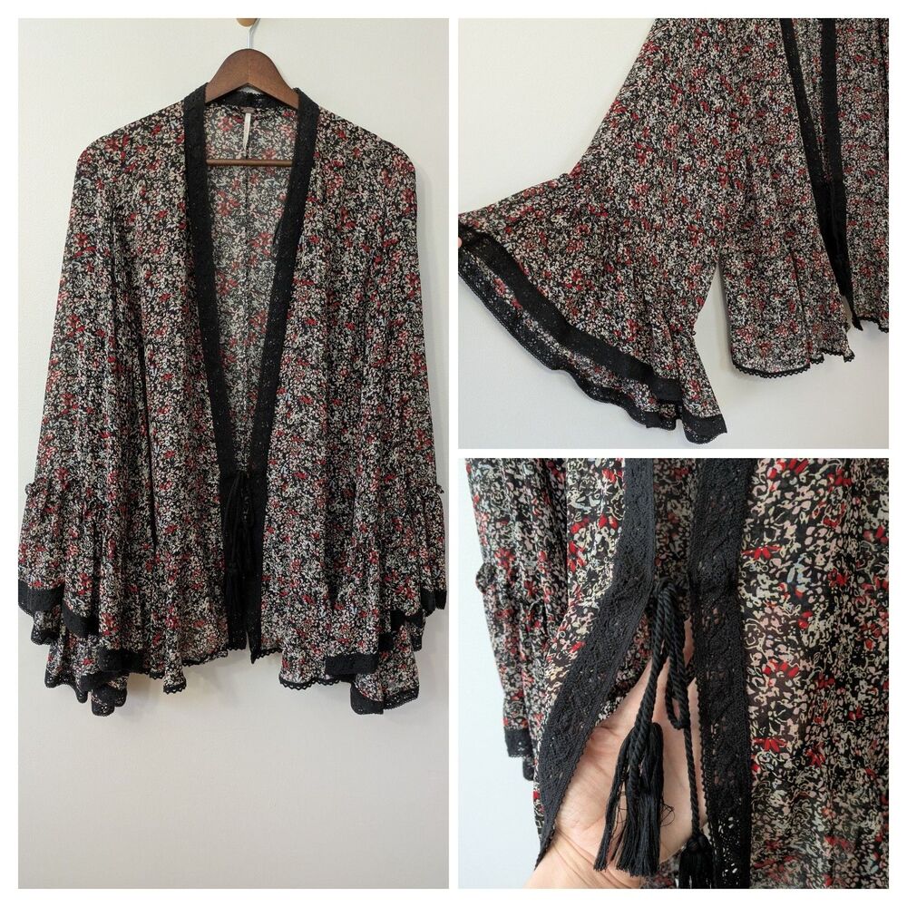 Free People Lola Kimono XL Floral Boho Hippie Tie Front Ruffle Lace Romantic